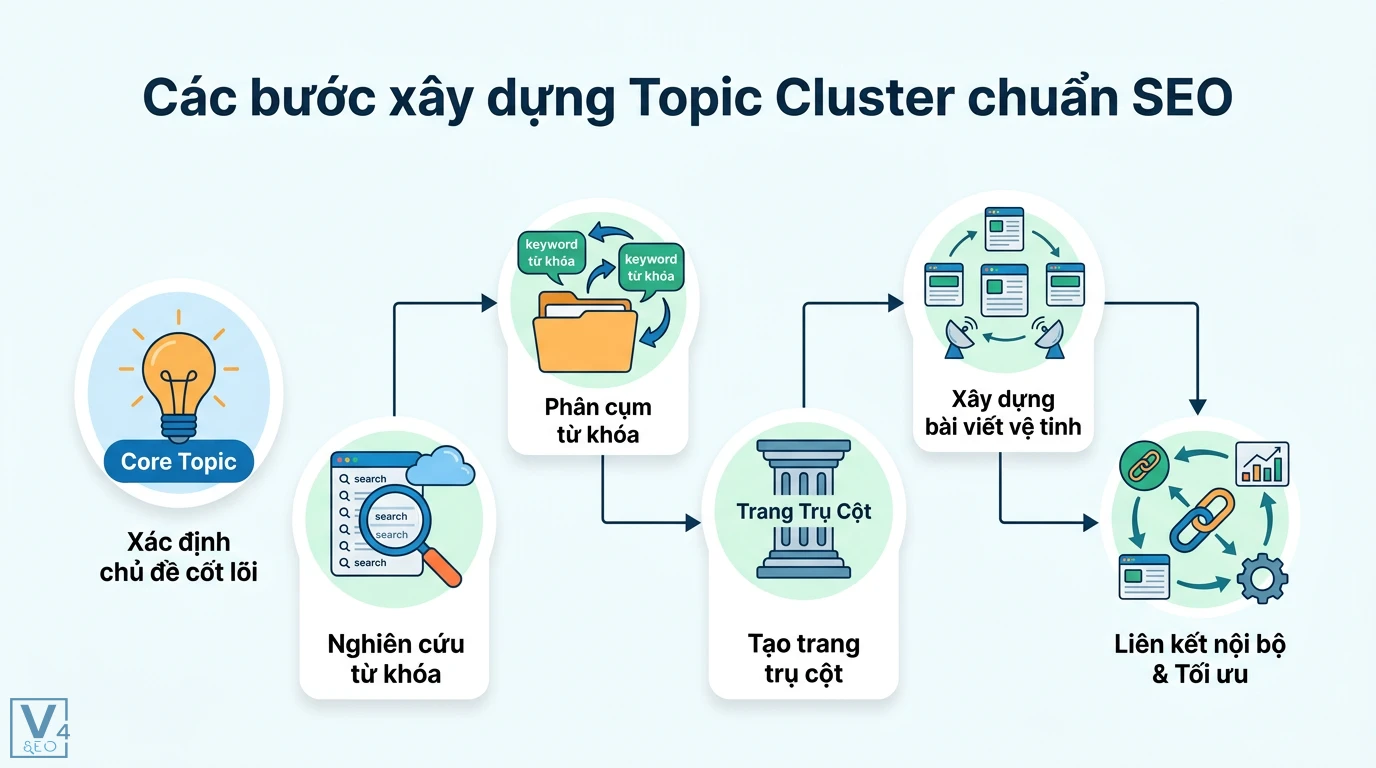 Mô hình Pillar-Cluster là gì? 6 bước xây dựng Topic Cluster 2 Xây dựng Topic Cluster chuẩn SEO gồm xác định chủ đề cốt lõi, nghiên cứu từ khóa, tạo trang trụ cột, bài viết vệ tinh và liên kết nội bộ