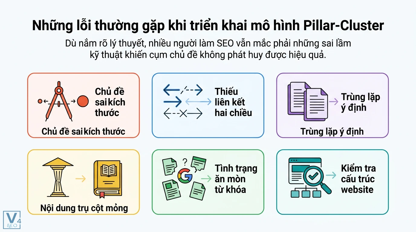 Mô hình Pillar-Cluster là gì? 6 bước xây dựng Topic Cluster 3 Lỗi triển khai Pillar-Cluster gồm chọn sai chủ đề, thiếu liên kết hai chiều, trùng lặp ý định, nội dung mỏng và tình trạng ăn mòn từ khóa