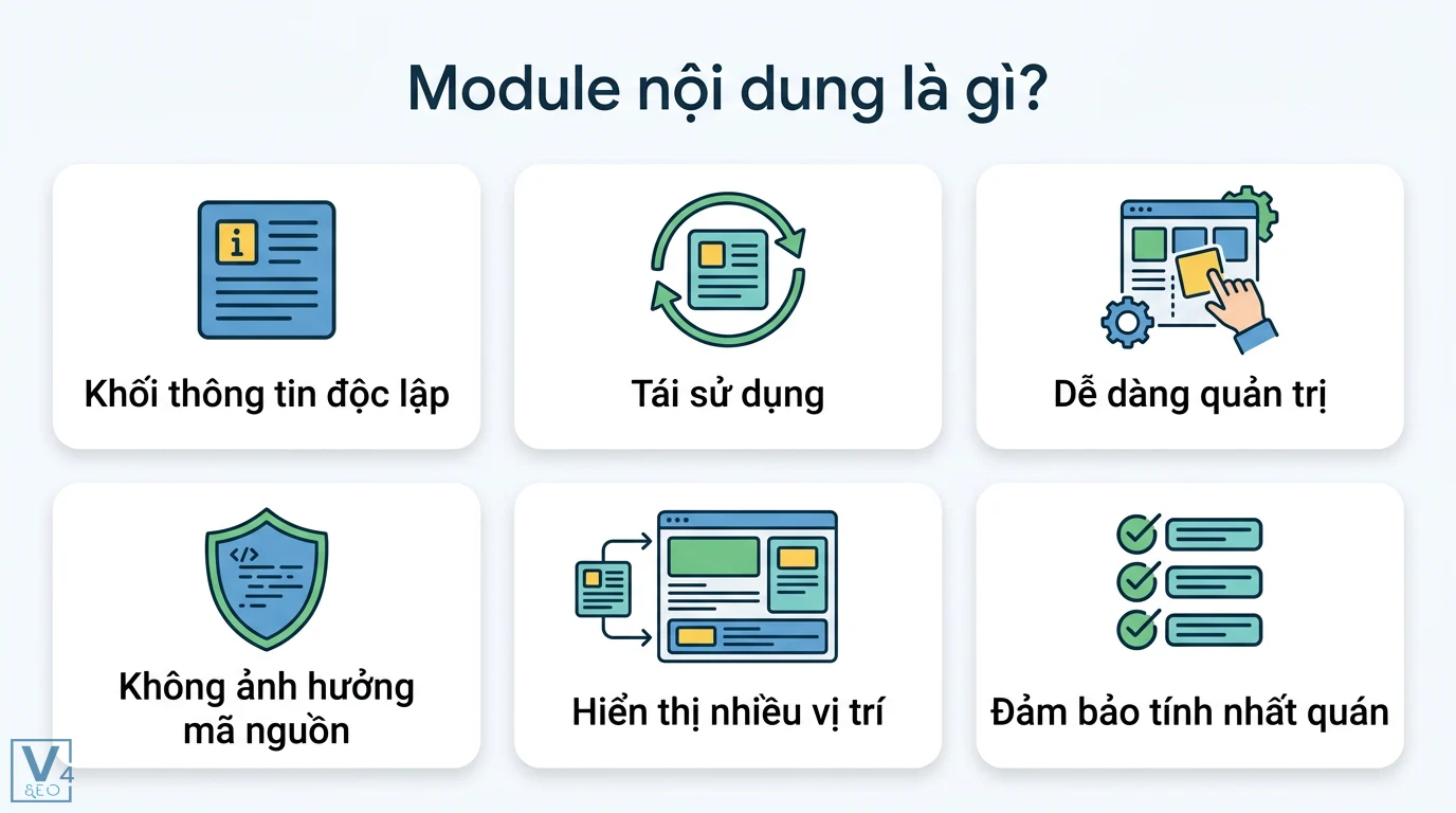 Module nội dung là gì? Giải pháp tối ưu quản trị và UX website 1 Module nội dung hỗ trợ tái sử dụng thông tin độc lập, quản trị dễ dàng, hiển thị đa vị trí và duy trì tính nhất quán không ảnh hưởng mã nguồn