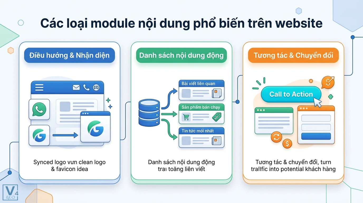 Module nội dung là gì? Giải pháp tối ưu quản trị và UX website 2 Các loại module nội dung phổ biến trên website gồm điều hướng nhận diện, danh sách nội dung động và tương tác thúc đẩy chuyển đổi CTA