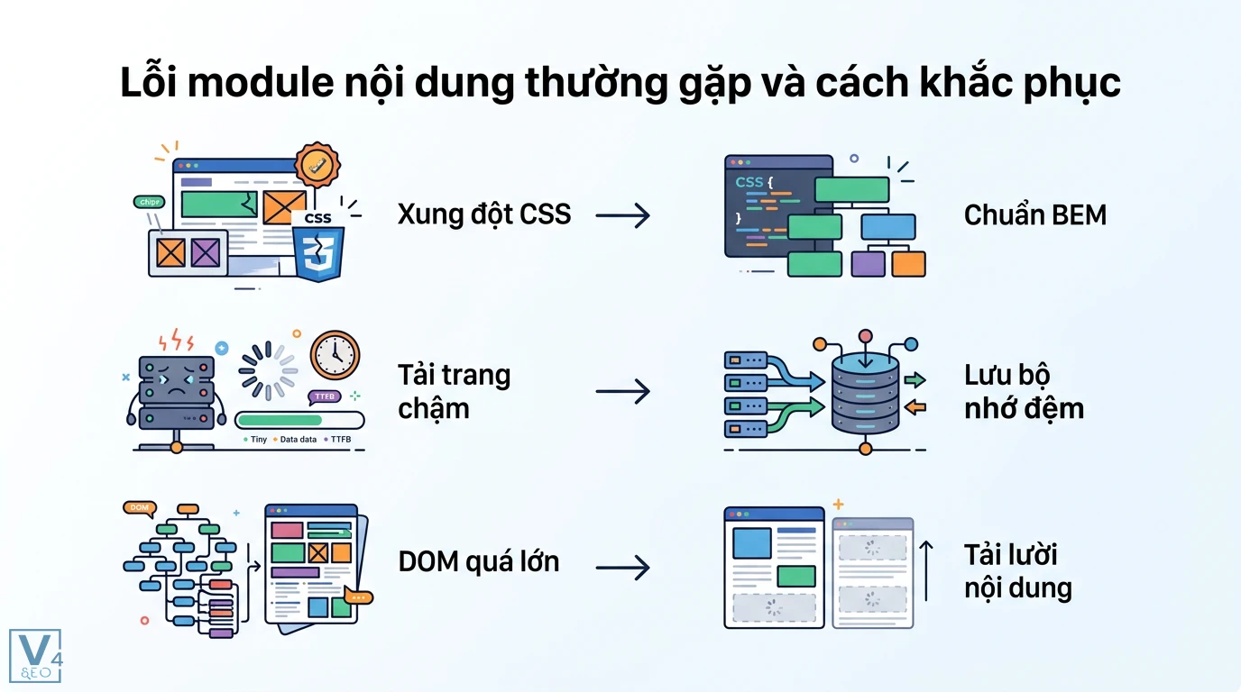 Module nội dung là gì? Giải pháp tối ưu quản trị và UX website 3 Khắc phục lỗi module nội dung bằng chuẩn BEM cho xung đột CSS, lưu bộ nhớ đệm khi tải trang chậm và tải lười nội dung cho cấu trúc DOM lớn
