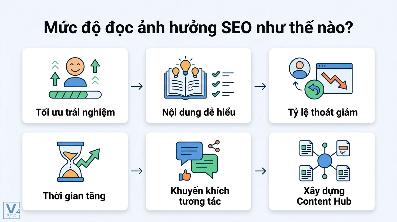 Mức độ đọc là gì? Cách xác định trình độ và thang đo khả năng đọc 1 Mức độ đọc ảnh hưởng SEO giúp tối ưu trải nghiệm, nội dung dễ hiểu giúp giảm tỷ lệ thoát, tăng thời gian và xây dựng Content Hub