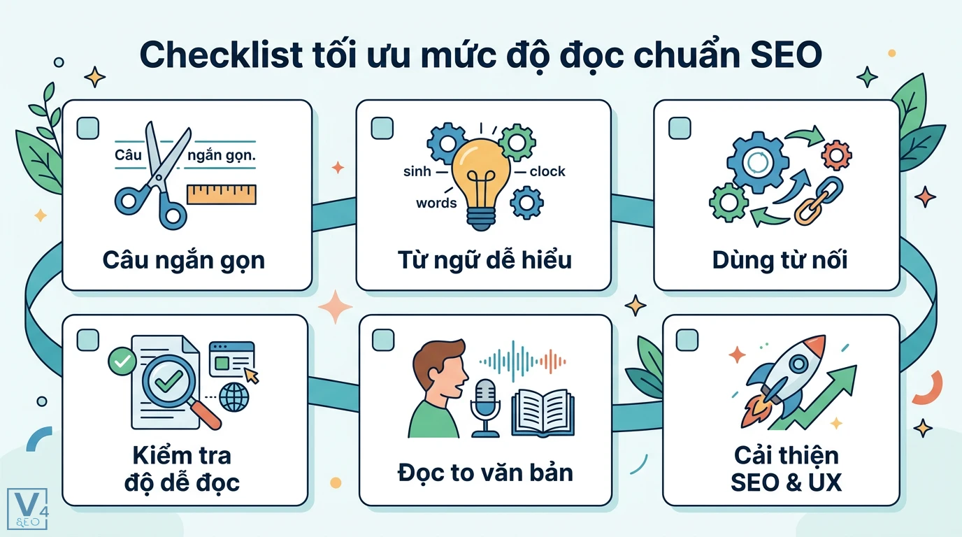 Mức độ đọc là gì? Cách xác định trình độ và thang đo khả năng đọc 2 Checklist tối ưu mức độ đọc chuẩn SEO gồm viết câu ngắn gọn, dùng từ ngữ dễ hiểu, dùng từ nối, kiểm tra độ dễ đọc, đọc to văn bản và tối ưu UX