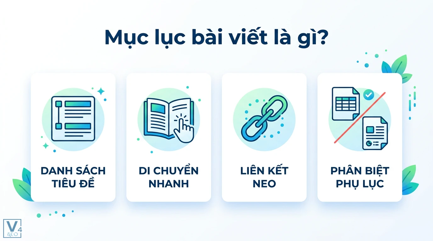 Mục lục bài viết là gì? Cách tạo TOC chuẩn SEO và tối ưu UX 3 Mục lục bài viết gồm danh sách tiêu đề và liên kết neo giúp người dùng di chuyển nhanh đồng thời phân biệt rõ ràng giữa mục lục và phụ lục