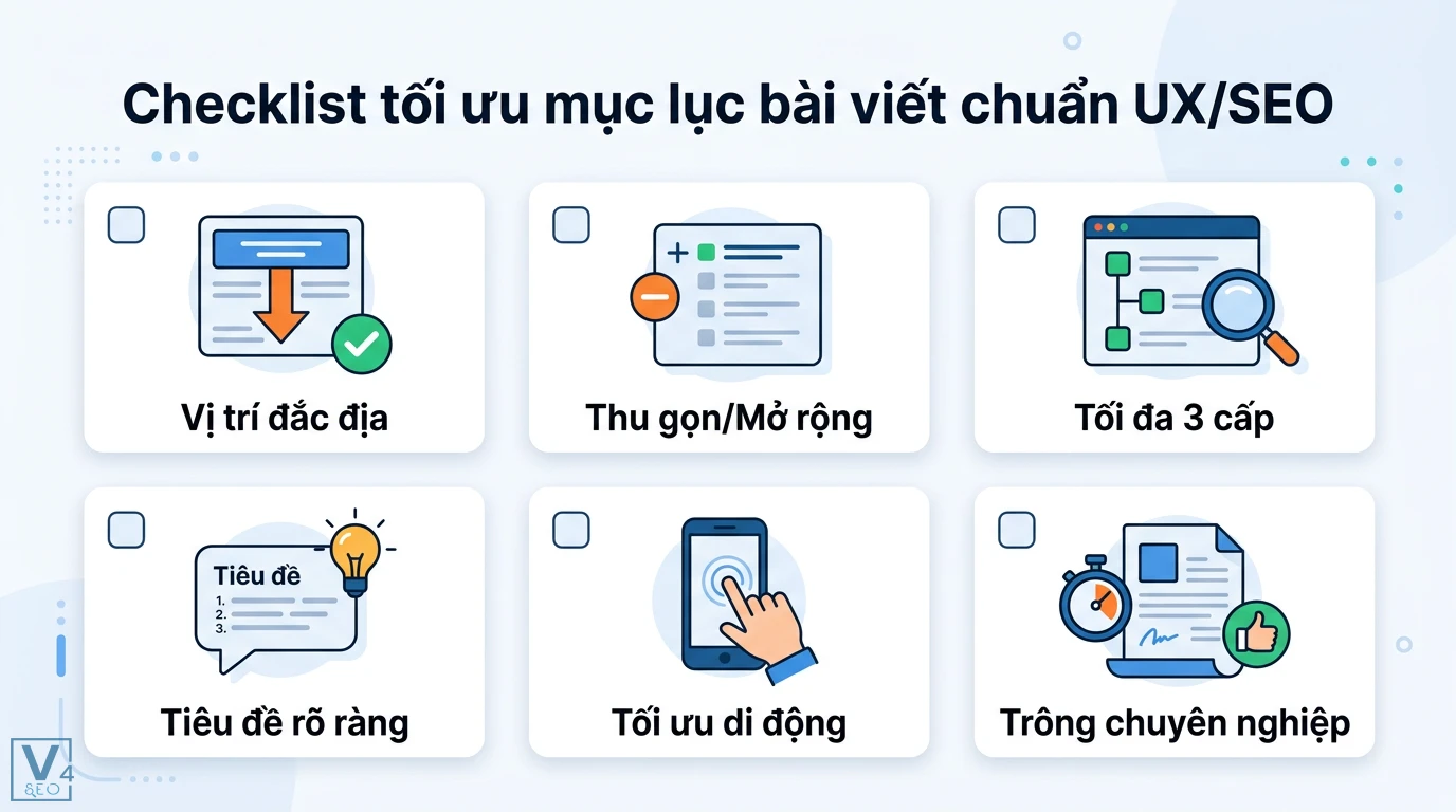 Mục lục bài viết là gì? Cách tạo TOC chuẩn SEO và tối ưu UX 2 Checklist tối ưu mục lục bài viết chuẩn UX/SEO gồm vị trí đặt, tính năng thu gọn mở rộng, tối đa 3 cấp heading và tối ưu hiển thị di động