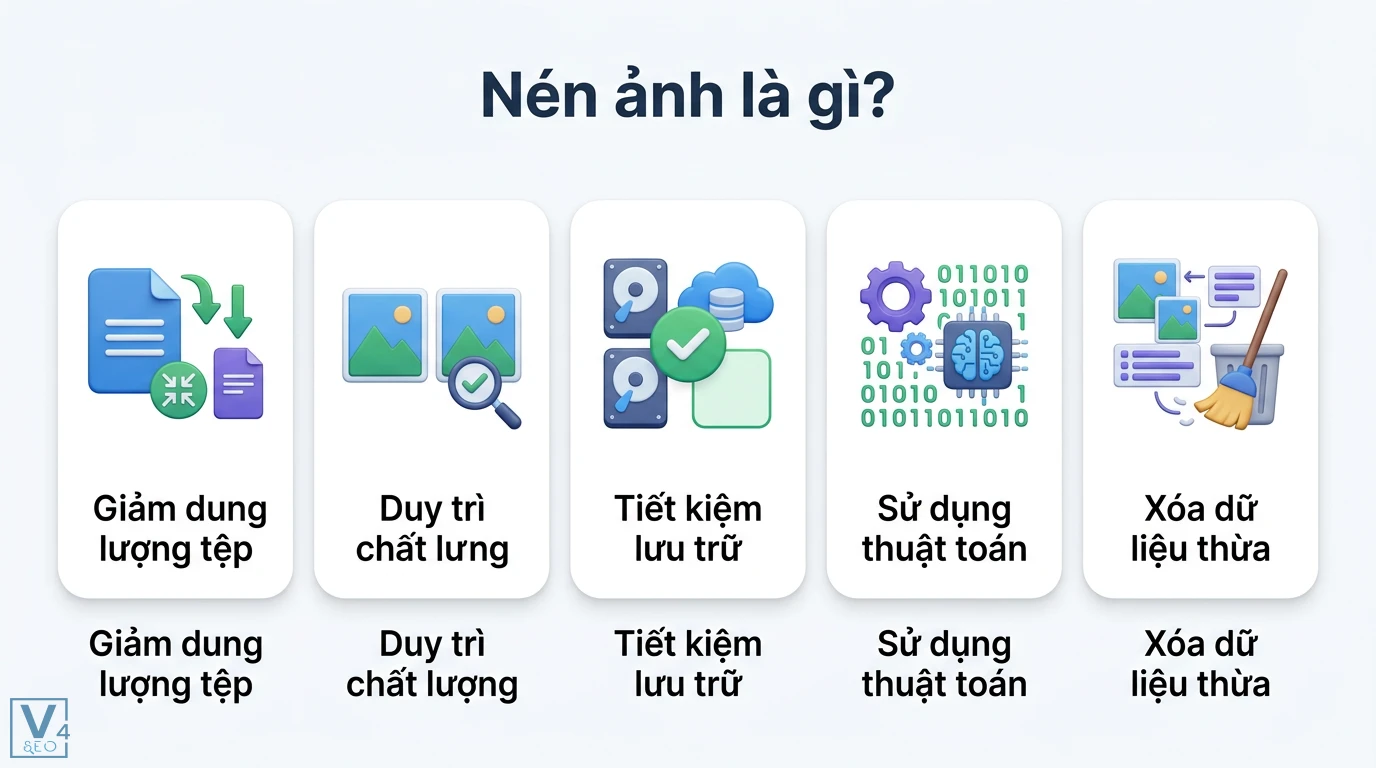 Nén ảnh là gì? Cách giảm dung lượng ảnh chuẩn SEO, giữ chất lượng 1 Nén ảnh giúp giảm dung lượng tệp, duy trì chất lượng và tiết kiệm lưu trữ thông qua việc sử dụng thuật toán để loại bỏ dữ liệu dư thừa