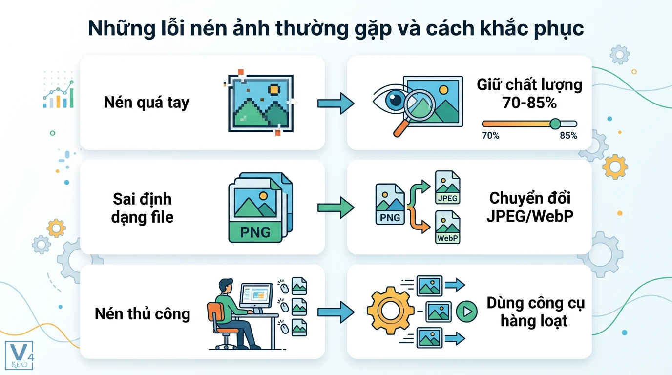 Nén ảnh là gì? Cách giảm dung lượng ảnh chuẩn SEO, giữ chất lượng 3 Khắc phục lỗi nén ảnh bằng cách giữ chất lượng 70-85%, chuyển PNG sang JPEG WebP và sử dụng công cụ nén hàng loạt thay vì nén thủ công