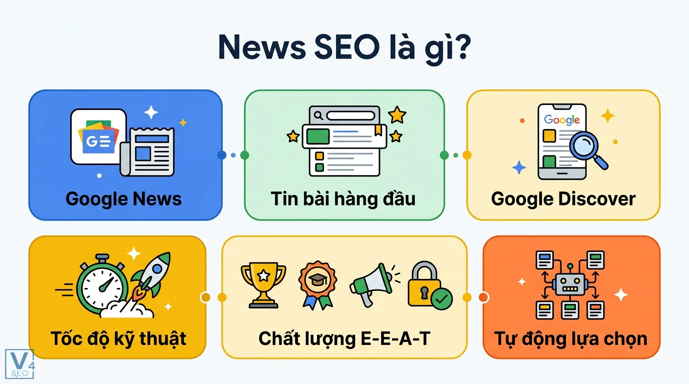 News SEO là gì? Cách lên Google News tự động và chuẩn E-E-A-T 1 News SEO tối ưu hiển thị Google News, Tin bài hàng đầu, Discover dựa trên tốc độ kỹ thuật, chất lượng E-E-A-T và cơ chế tự động lựa chọn