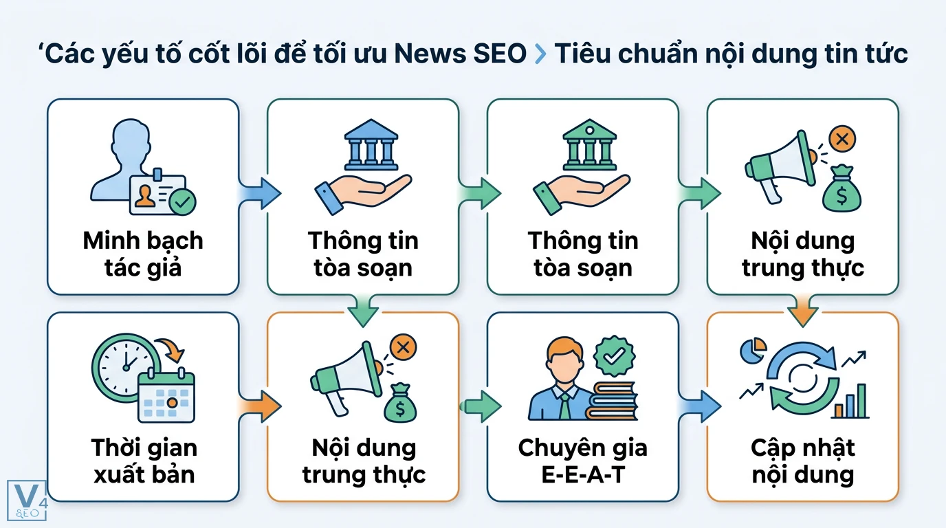 News SEO là gì? Cách lên Google News tự động và chuẩn E-E-A-T 2 Tiêu chuẩn News SEO: minh bạch tác giả, thông tin tòa soạn, nội dung trung thực, thời gian xuất bản, chuyên gia E-E-A-T, cập nhật nội dung