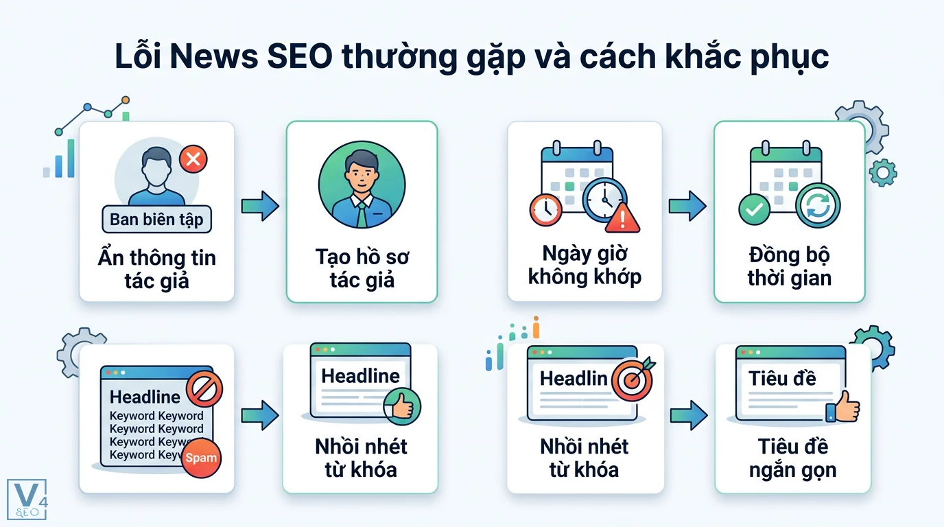 News SEO là gì? Cách lên Google News tự động và chuẩn E-E-A-T 3 Khắc phục lỗi News SEO bằng cách minh bạch hồ sơ tác giả, đồng bộ thời gian và tối ưu tiêu đề tin tức ngắn gọn thay vì nhồi nhét từ khóa