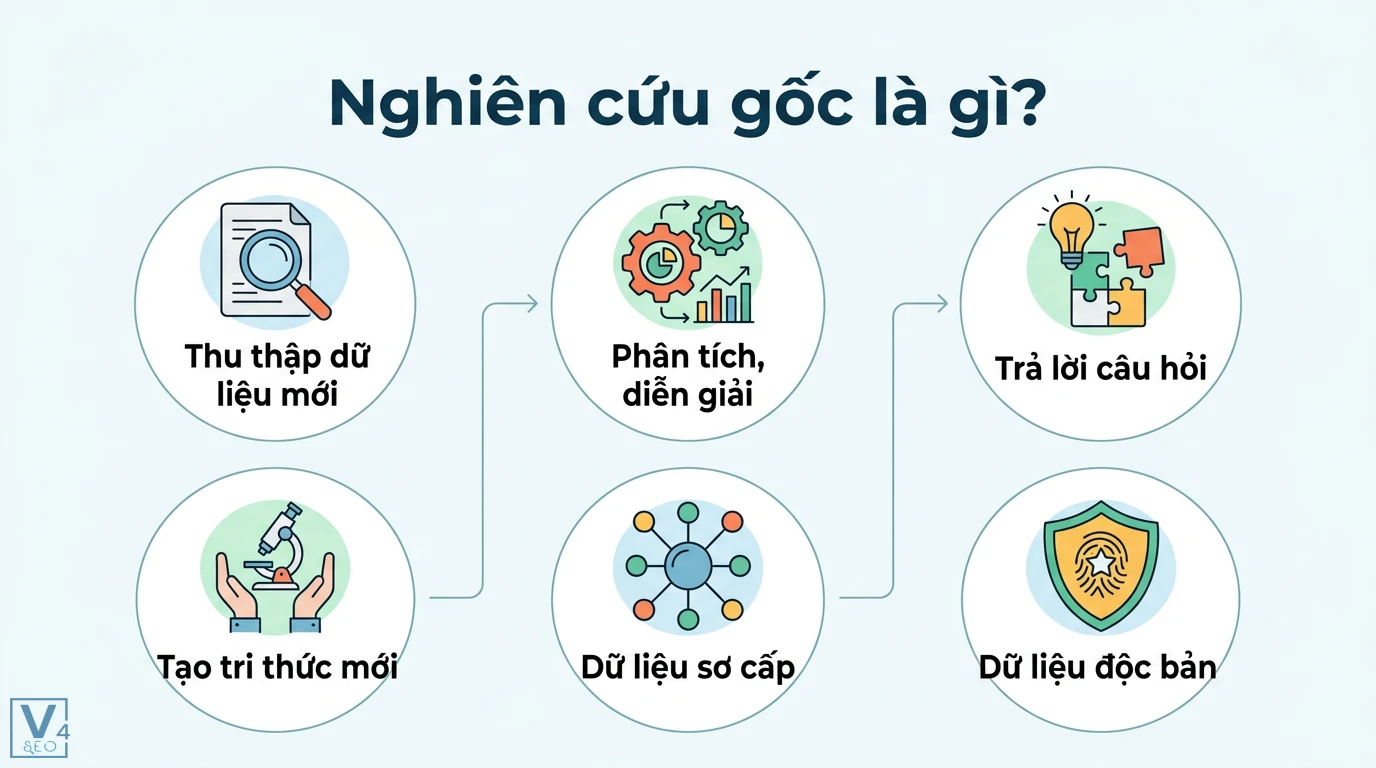 Nghiên cứu gốc là gì? Hướng dẫn ứng dụng dữ liệu sơ cấp hiệu quả 1 Nghiên cứu gốc gồm thu thập dữ liệu mới, phân tích, diễn giải để trả lời câu hỏi nhằm tạo tri thức mới và dữ liệu sơ cấp độc bản