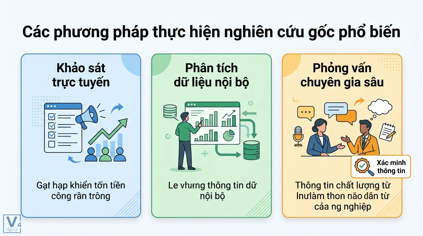Nghiên cứu gốc là gì? Hướng dẫn ứng dụng dữ liệu sơ cấp hiệu quả 2 Các phương pháp nghiên cứu gốc phổ biến gồm khảo sát trực tuyến, phân tích dữ liệu nội bộ và phỏng vấn chuyên gia sâu kèm xác minh thông tin