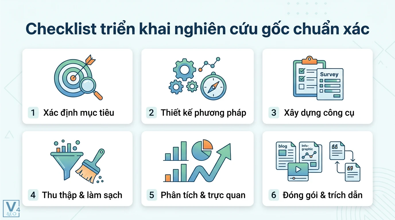 Nghiên cứu gốc là gì? Hướng dẫn ứng dụng dữ liệu sơ cấp hiệu quả 3 Checklist triển khai nghiên cứu gốc gồm xác định mục tiêu, thiết kế phương pháp, xây dựng công cụ, thu thập dữ liệu và trích dẫn nguồn