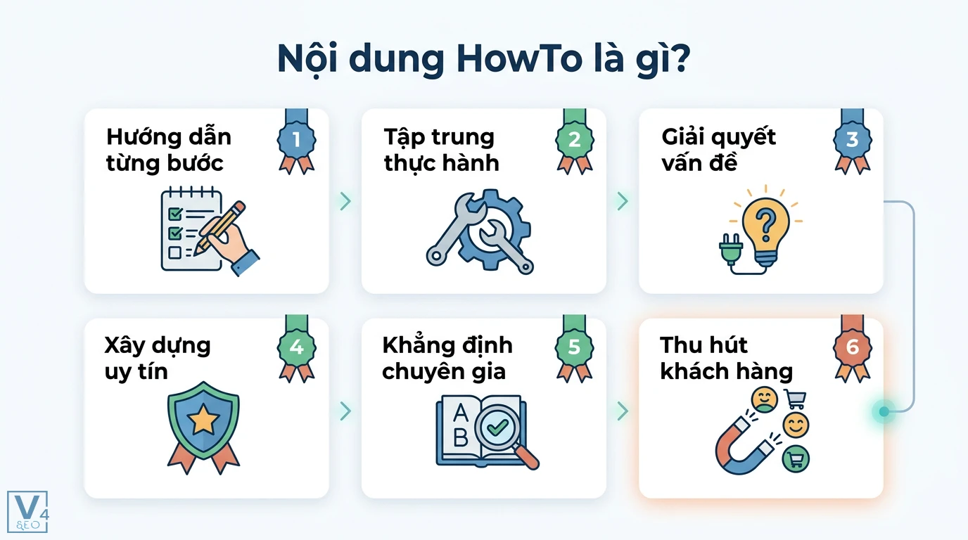Nội dung HowTo là gì? Quy trình 5 bước viết bài hướng dẫn chuẩn SEO 1 Nội dung HowTo hướng dẫn từng bước, tập trung thực hành, giải quyết vấn đề giúp xây dựng uy tín, khẳng định chuyên gia và thu hút khách hàng