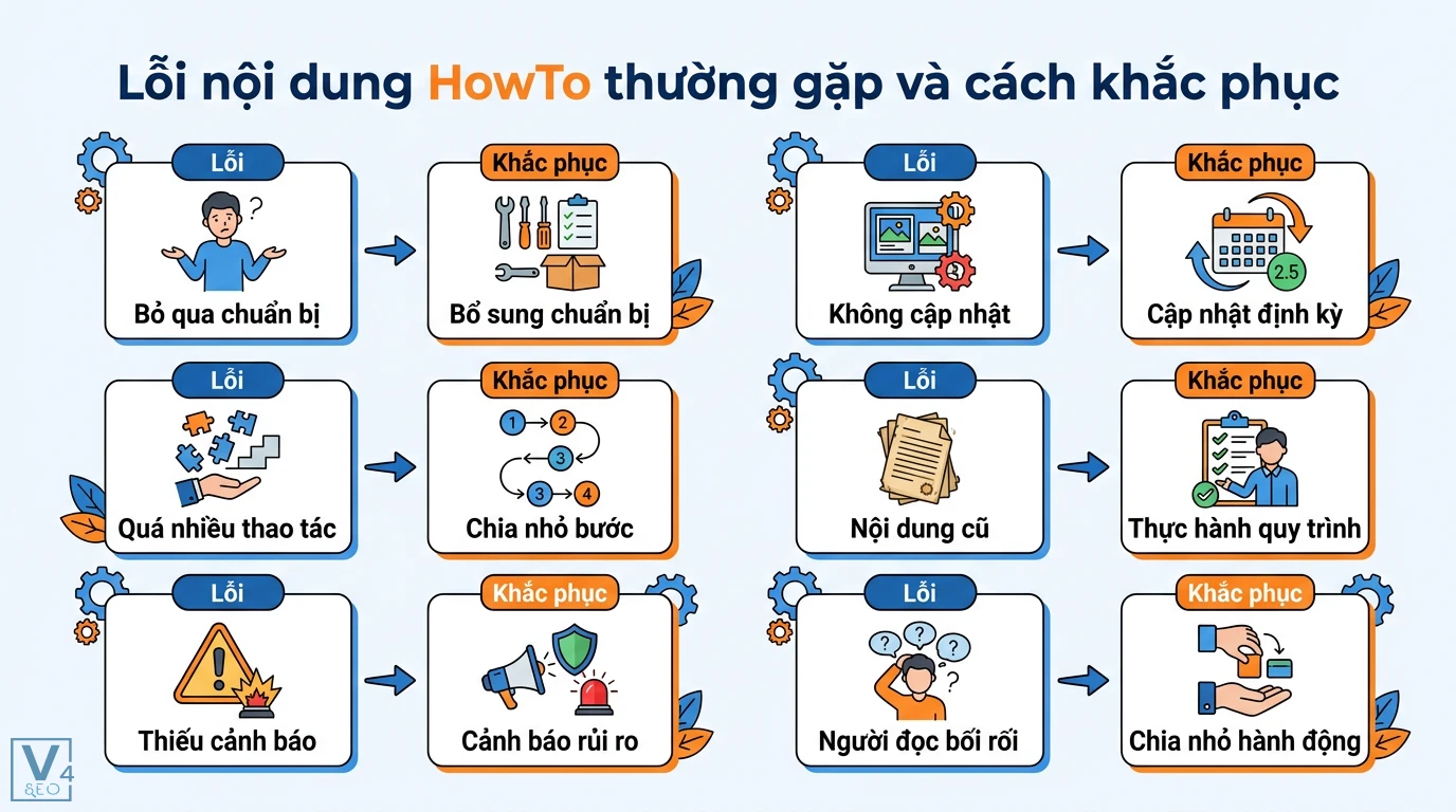 Nội dung HowTo là gì? Quy trình 5 bước viết bài hướng dẫn chuẩn SEO 3 Cách khắc phục lỗi nội dung HowTo bằng cách bổ sung chuẩn bị, chia nhỏ các bước, cảnh báo rủi ro, thực hành quy trình và cập nhật định kỳ