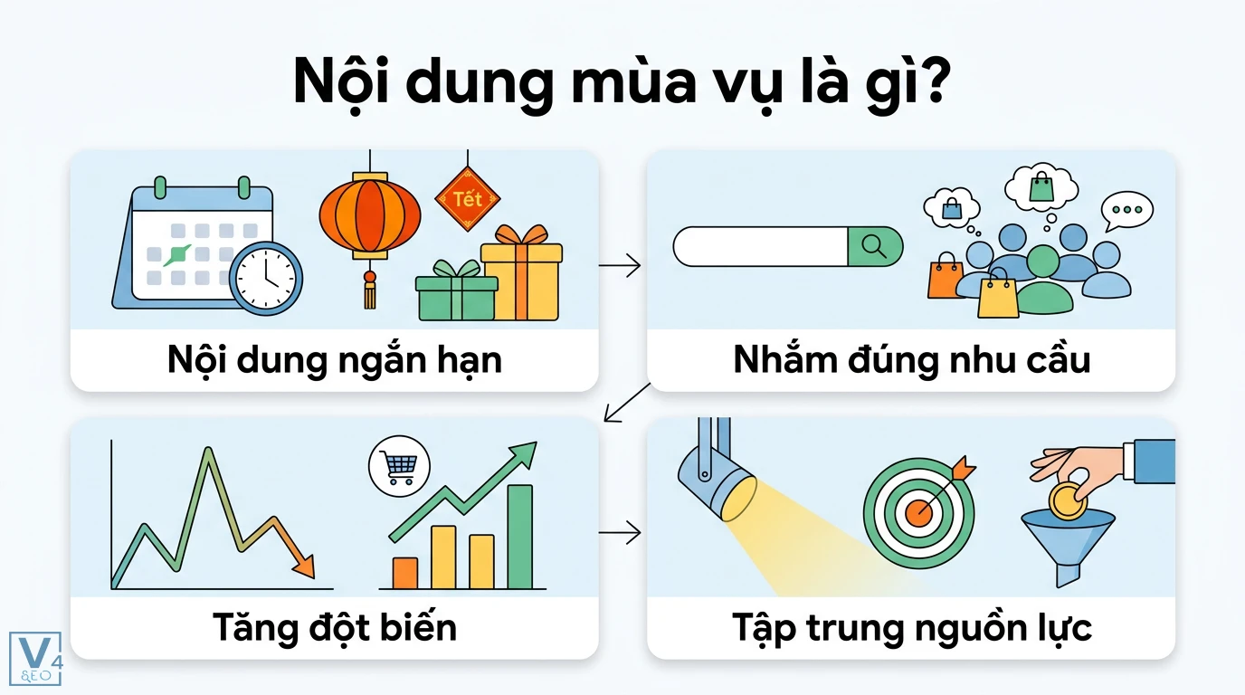 Nội dung mùa vụ là gì? Cách tận dụng xu hướng để tăng chuyển đổi 1 Nội dung mùa vụ là nội dung ngắn hạn nhắm đúng nhu cầu khách hàng để tạo sự tăng trưởng đột biến và giúp doanh nghiệp tập trung nguồn lực