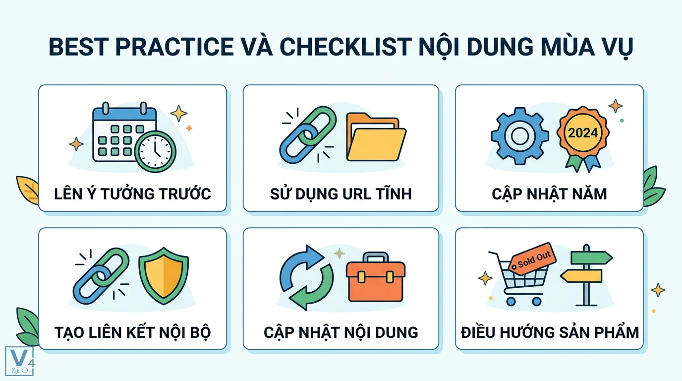 Nội dung mùa vụ là gì? Cách tận dụng xu hướng để tăng chuyển đổi 3 Checklist nội dung mùa vụ gồm lên ý tưởng trước, dùng URL tĩnh, cập nhật năm, tạo liên kết nội bộ, làm mới nội dung và điều hướng sản phẩm