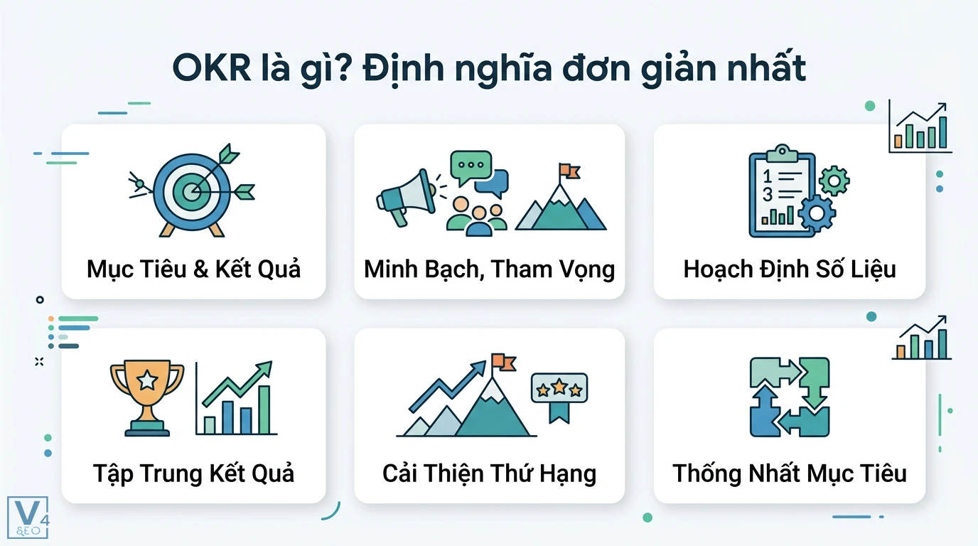 OKR content là gì? Cách xây dựng OKR cho người mới kèm mẫu ví dụ 1 Định nghĩa OKR qua mục tiêu, kết quả, minh bạch, hoạch định số liệu, tập trung kết quả, cải thiện thứ hạng SEO và thống nhất mục tiêu