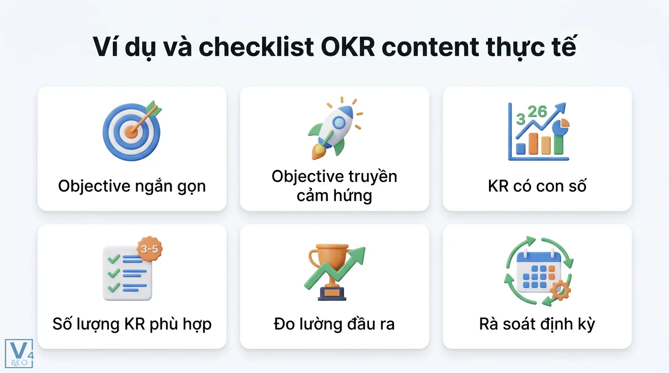 OKR content là gì? Cách xây dựng OKR cho người mới kèm mẫu ví dụ 2 Checklist OKR content gồm Objective ngắn gọn, truyền cảm hứng, Key Results có con số, số lượng 3-5 KR, đo lường đầu ra và rà soát định kỳ