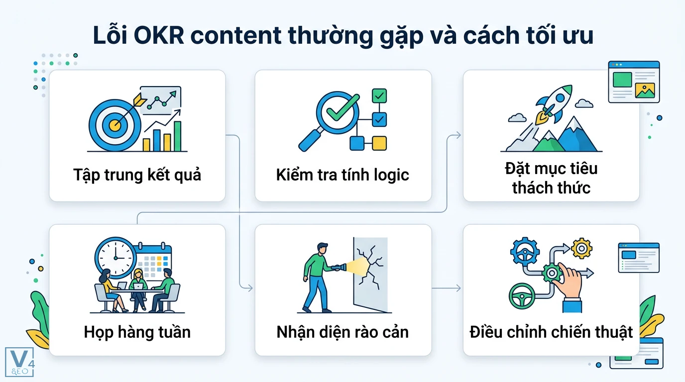 OKR content là gì? Cách xây dựng OKR cho người mới kèm mẫu ví dụ 3 Cách tối ưu OKR content qua việc tập trung kết quả, kiểm tra tính logic, đặt mục tiêu thách thức, họp hàng tuần và điều chỉnh chiến thuật