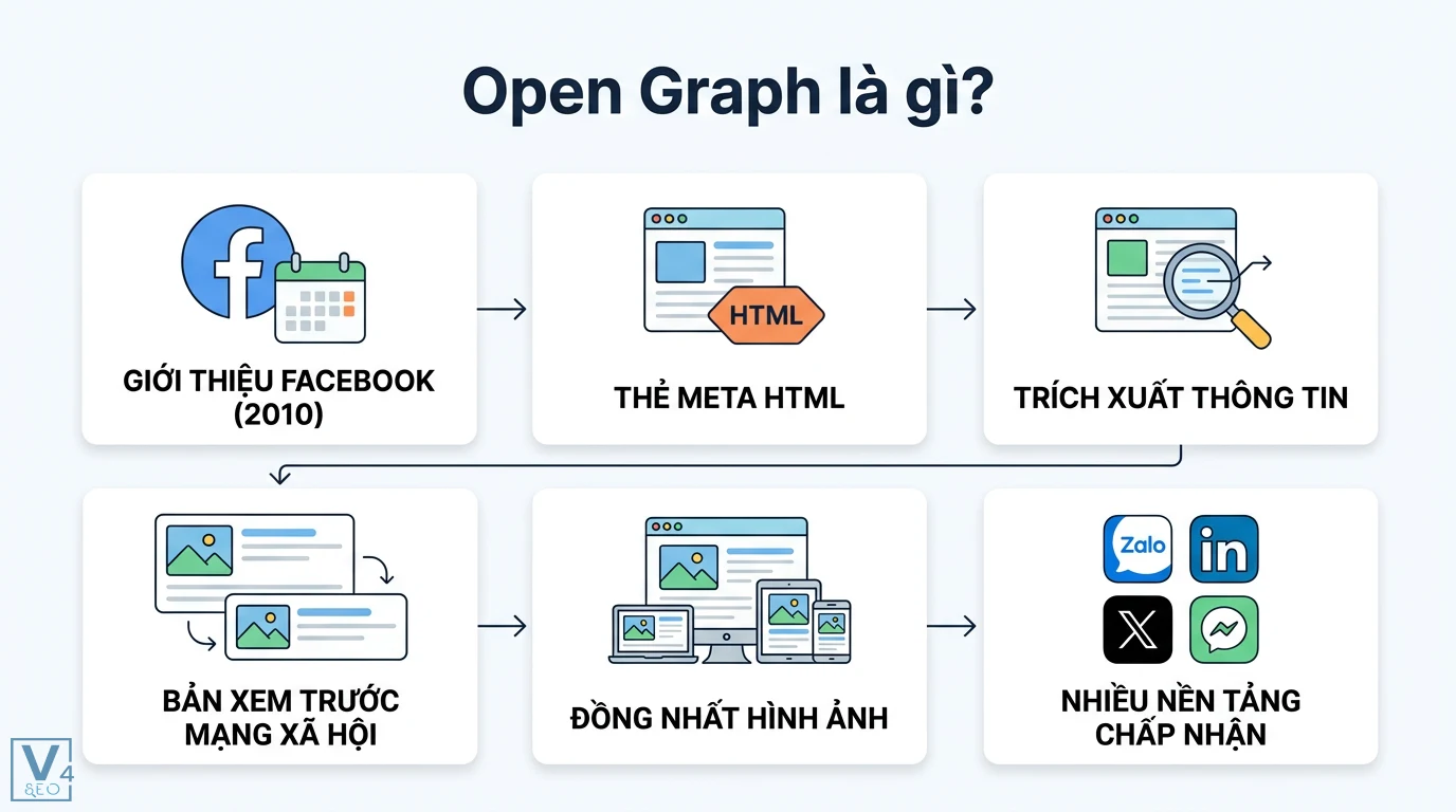 Open Graph là gì? Cách cài đặt và tối ưu hiển thị Facebook, Zalo 1 Open Graph sử dụng thẻ meta HTML trích xuất thông tin giúp hiển thị bản xem trước mạng xã hội đồng nhất trên Facebook, Zalo, LinkedIn và X