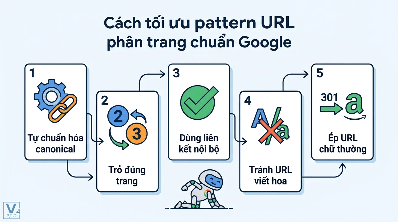Pattern URL phân trang là gì? So sánh tham số và đường dẫn SEO 2 Cách tối ưu pattern URL phân trang chuẩn Google qua tự chuẩn hóa canonical, dùng liên kết nội bộ và ép URL chữ thường qua chuyển hướng 301