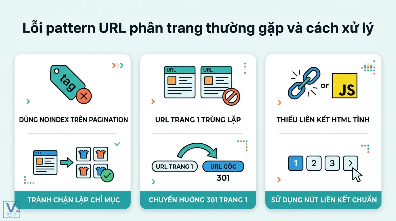 Pattern URL phân trang là gì? So sánh tham số và đường dẫn SEO 3 Lỗi pattern URL phân trang thường gặp như dùng thẻ noindex, trùng lặp URL trang 1 và thiếu liên kết HTML tĩnh cùng cách xử lý chuẩn kỹ thuật SEO
