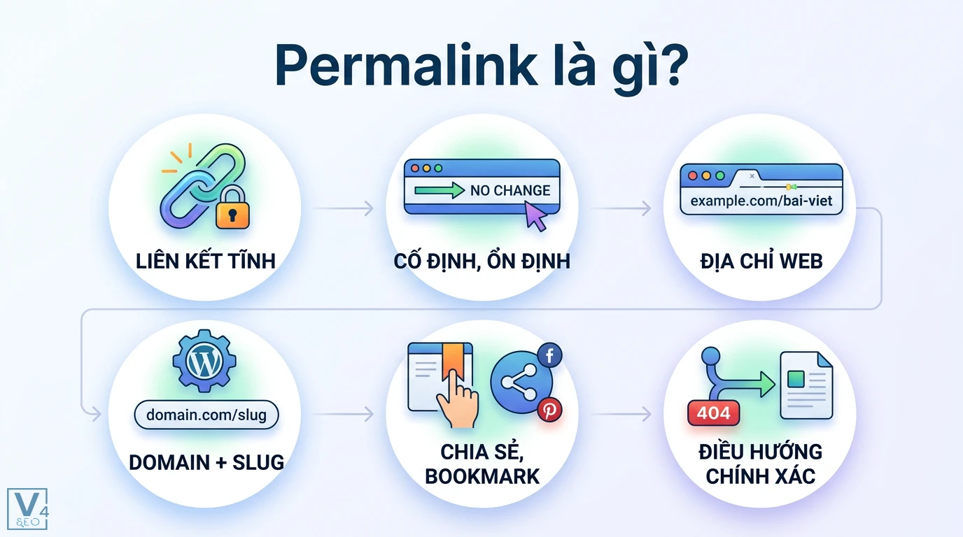 Permalink là gì? Cách tối ưu cấu trúc URL và xử lý lỗi kỹ thuật 1 Permalink là liên kết tĩnh cố định gồm domain và slug giúp người dùng chia sẻ bookmark và luôn được điều hướng chính xác trên website