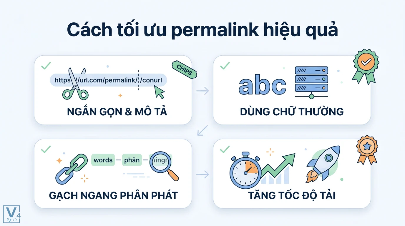 Permalink là gì? Cách tối ưu cấu trúc URL và xử lý lỗi kỹ thuật 2 Tối ưu permalink ngắn gọn và mô tả, dùng chữ thường kết hợp dấu gạch ngang phân tách từ khóa giúp tăng tốc độ tải trang và hiệu quả SEO