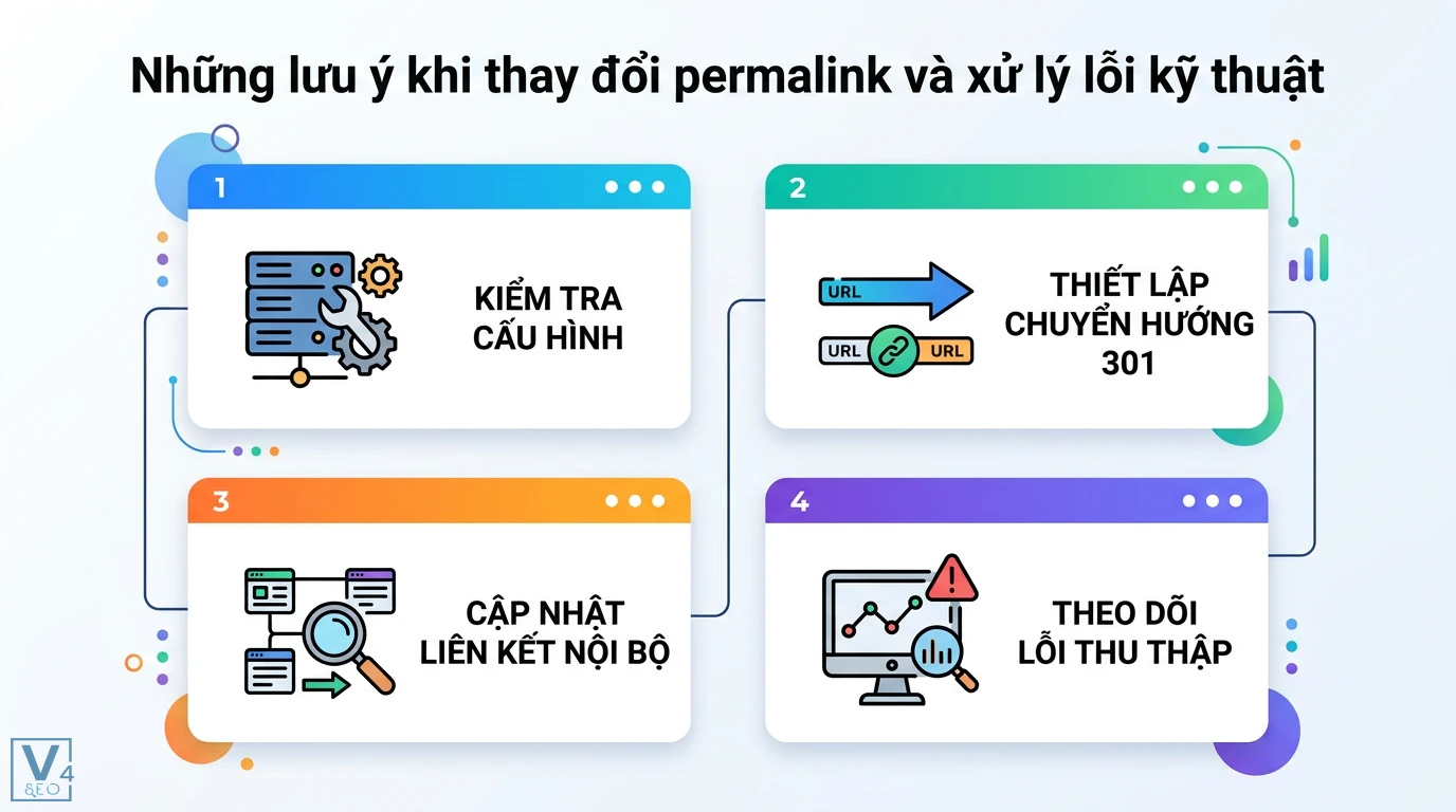 Permalink là gì? Cách tối ưu cấu trúc URL và xử lý lỗi kỹ thuật 3 Lưu ý khi thay đổi permalink gồm kiểm tra cấu hình, thiết lập chuyển hướng 301, cập nhật liên kết nội bộ và theo dõi lỗi thu thập dữ liệu