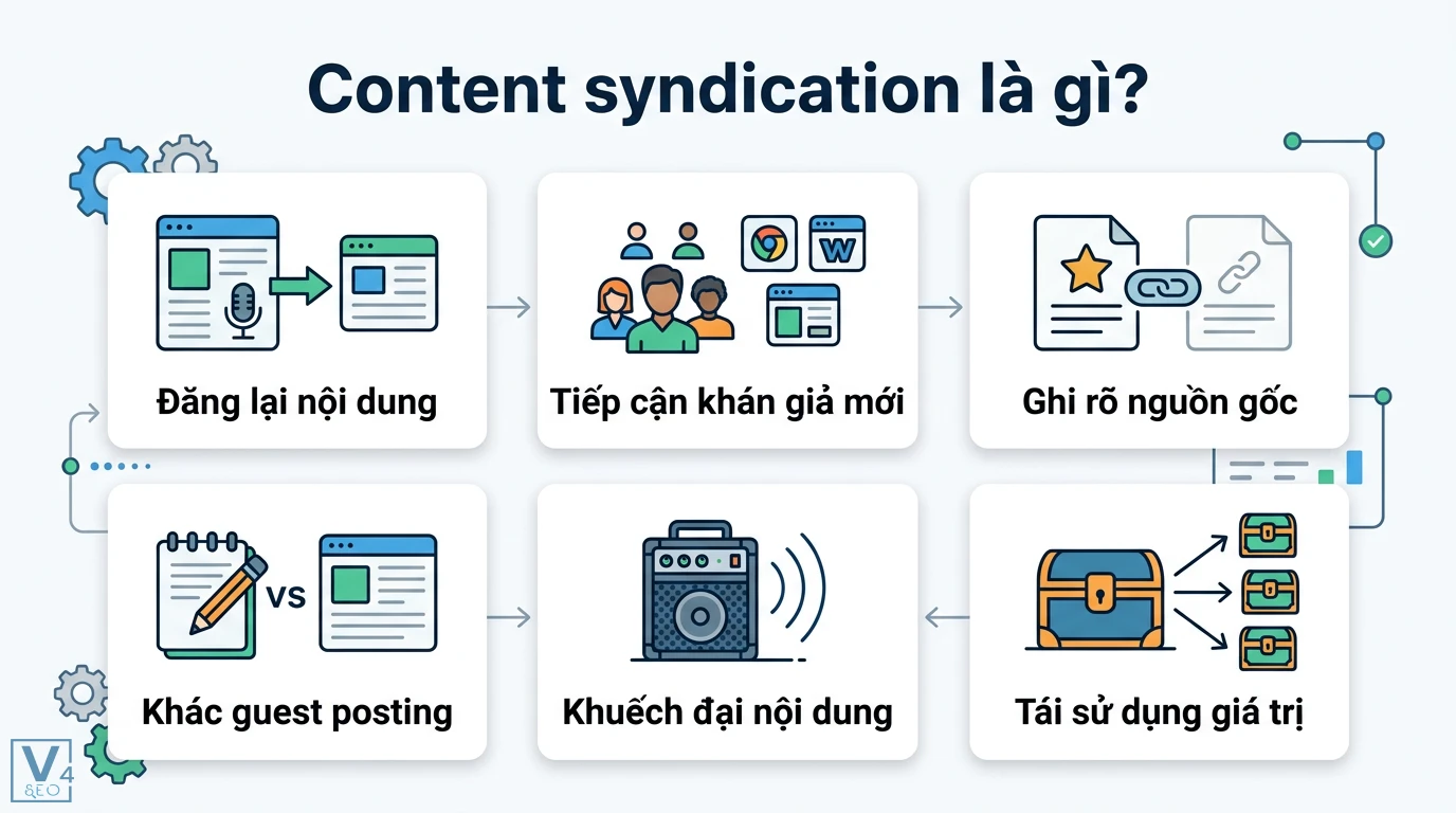Phân phối lại nội dung (syndication) là gì? Cách tăng traffic 1 Content syndication là quy trình đăng lại nội dung, tiếp cận khán giả mới, ghi rõ nguồn gốc, khác guest posting và khuếch đại giá trị