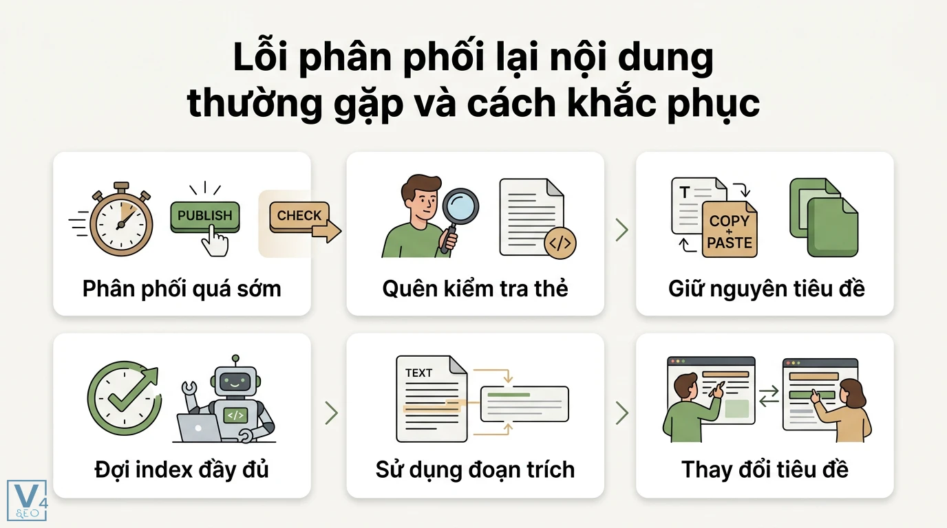 Phân phối lại nội dung (syndication) là gì? Cách tăng traffic 3 Khắc phục lỗi phân phối nội dung quá sớm và trùng tiêu đề bằng cách đợi Google index đầy đủ, dùng đoạn trích dẫn hoặc thay đổi tiêu đề gốc