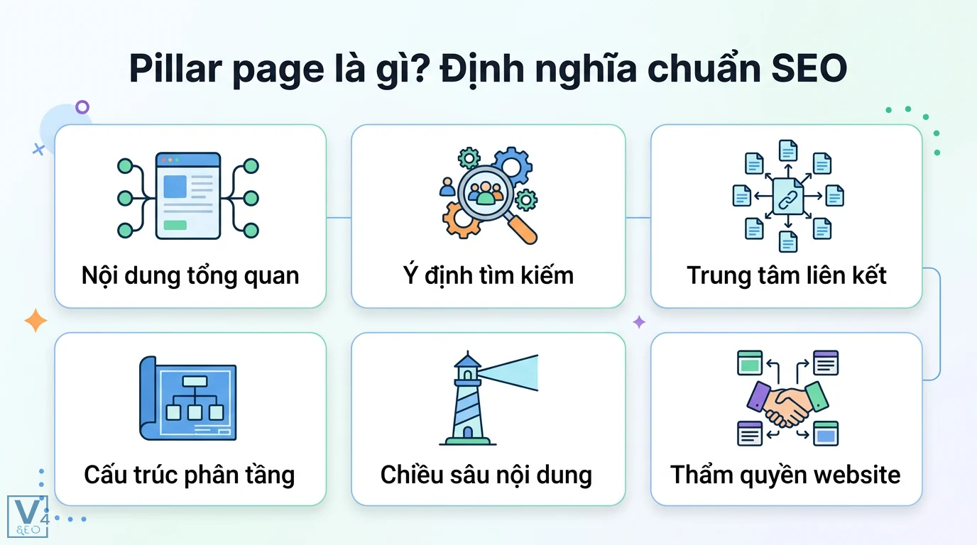 Pillar page là gì? Cách xây dựng Topic Cluster chuẩn SEO năm 2026 1 Pillar page chuẩn SEO gồm nội dung tổng quan, ý định tìm kiếm, trung tâm liên kết, cấu trúc phân tầng, chiều sâu nội dung và thẩm quyền website