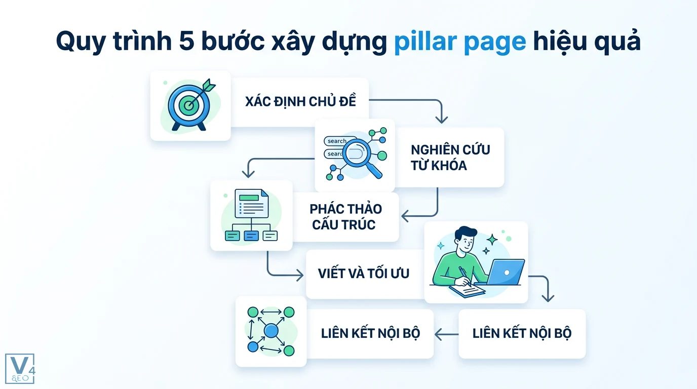 Pillar page là gì? Cách xây dựng Topic Cluster chuẩn SEO năm 2026 2 Quy trình xây dựng pillar page qua 5 bước xác định chủ đề, nghiên cứu từ khóa, phác thảo cấu trúc, viết nội dung và tối ưu liên kết nội bộ