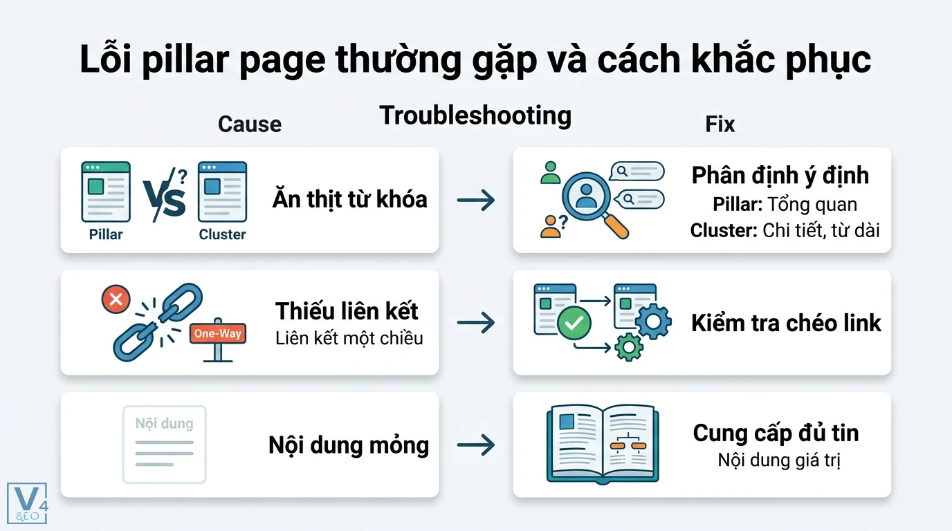 Pillar page là gì? Cách xây dựng Topic Cluster chuẩn SEO năm 2026 3 Cách khắc phục lỗi pillar page thường gặp gồm xử lý ăn thịt từ khóa, kiểm tra chéo liên kết và cải thiện nội dung mỏng cho cụm chủ đề SEO