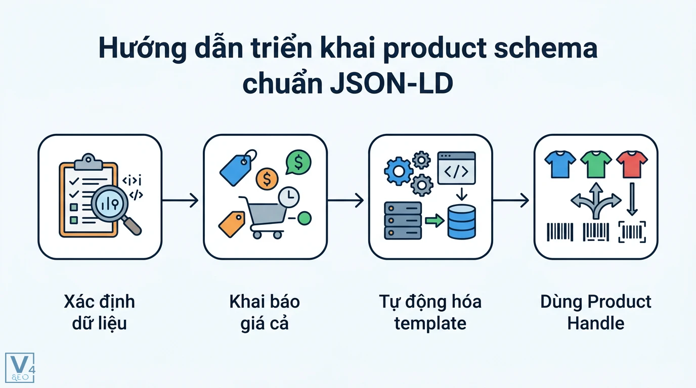 Product rich result là gì? Cách tạo Schema Product chuẩn JSON-LD 2 Triển khai product schema JSON-LD qua việc xác định dữ liệu, khai báo giá, tự động hóa template và dùng Product Handle phân biệt biến thể