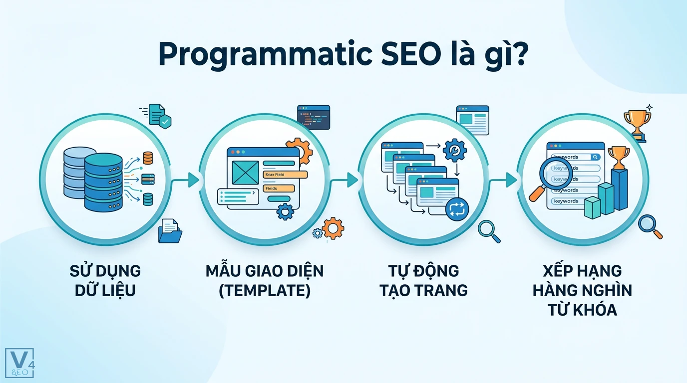 Programmatic SEO là gì? Hướng dẫn triển khai an toàn và bền vững 1 Programmatic SEO sử dụng dữ liệu và mẫu giao diện để tự động tạo hàng loạt trang đích giúp xếp hạng cho hàng nghìn từ khóa tìm kiếm