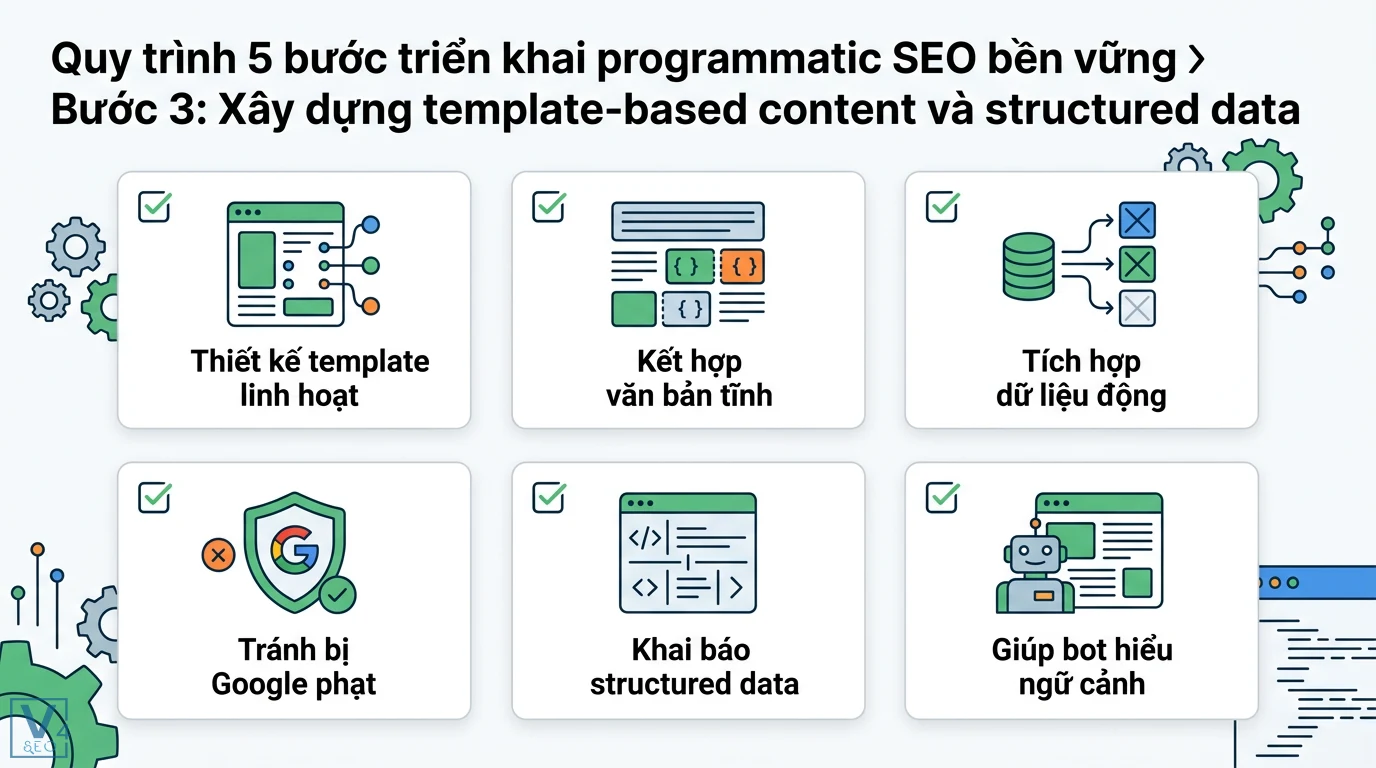 Programmatic SEO là gì? Hướng dẫn triển khai an toàn và bền vững 2 Xây dựng template content linh hoạt kết hợp dữ liệu động và structured data giúp công cụ tìm kiếm hiểu ngữ cảnh để tránh bị Google phạt