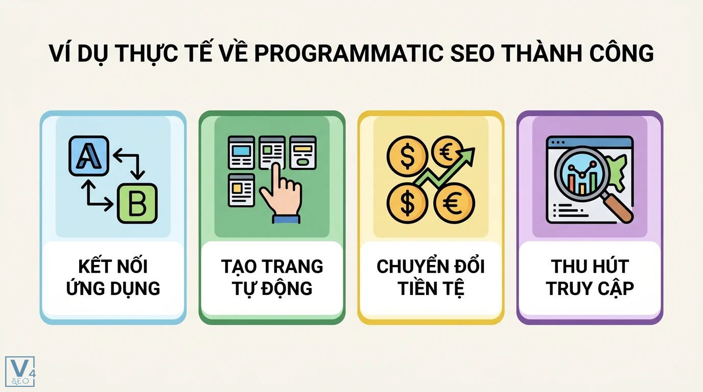 Programmatic SEO là gì? Hướng dẫn triển khai an toàn và bền vững 3 Ví dụ programmatic SEO thành công qua việc kết nối ứng dụng, tạo trang tự động và chuyển đổi tiền tệ giúp thu hút hàng triệu lượt truy cập
