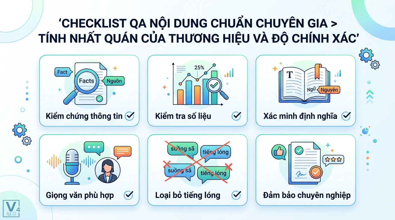 QA nội dung là gì? Quy trình và Checklist kiểm soát nội dung chuẩn 2 Checklist QA nội dung đảm bảo tính nhất quán thương hiệu qua kiểm chứng thông tin, số liệu, định nghĩa và duy trì giọng văn chuyên nghiệp, chính xác