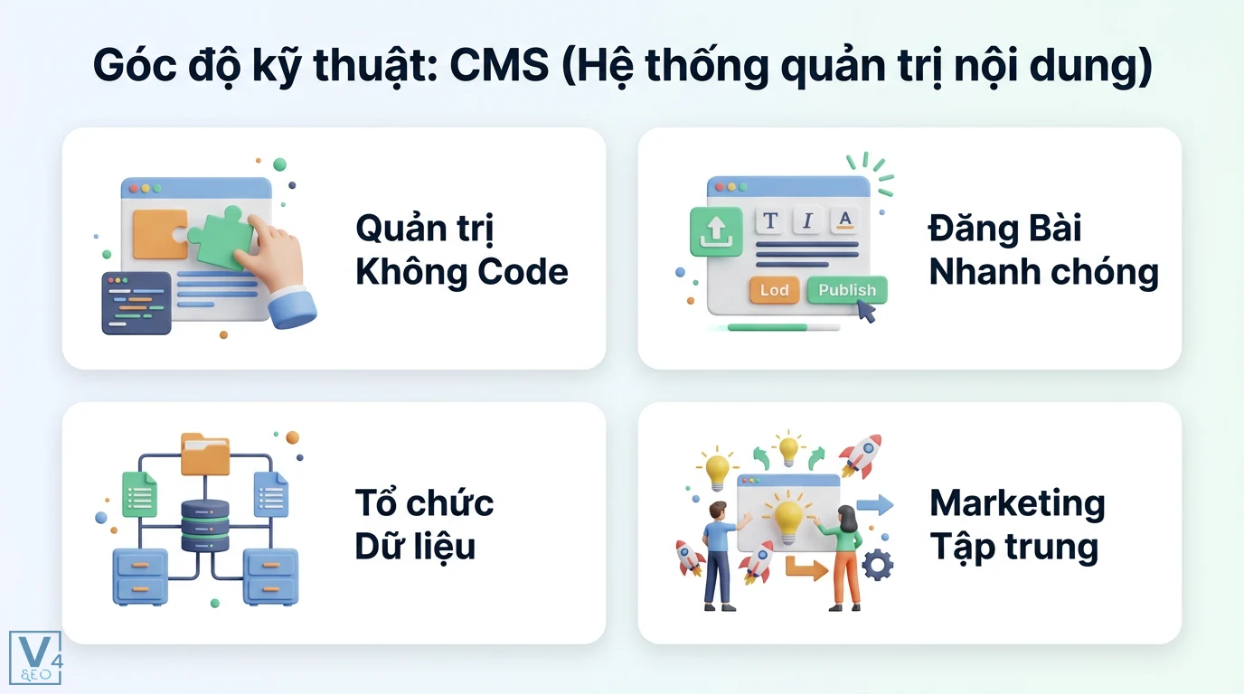 Quản trị content là gì? Hiểu rõ về CMS, vai trò và chiến lược 1 CMS hỗ trợ quản trị nội dung không code, đăng bài nhanh chóng, tổ chức dữ liệu và giúp đội ngũ marketing tập trung sáng tạo thông điệp