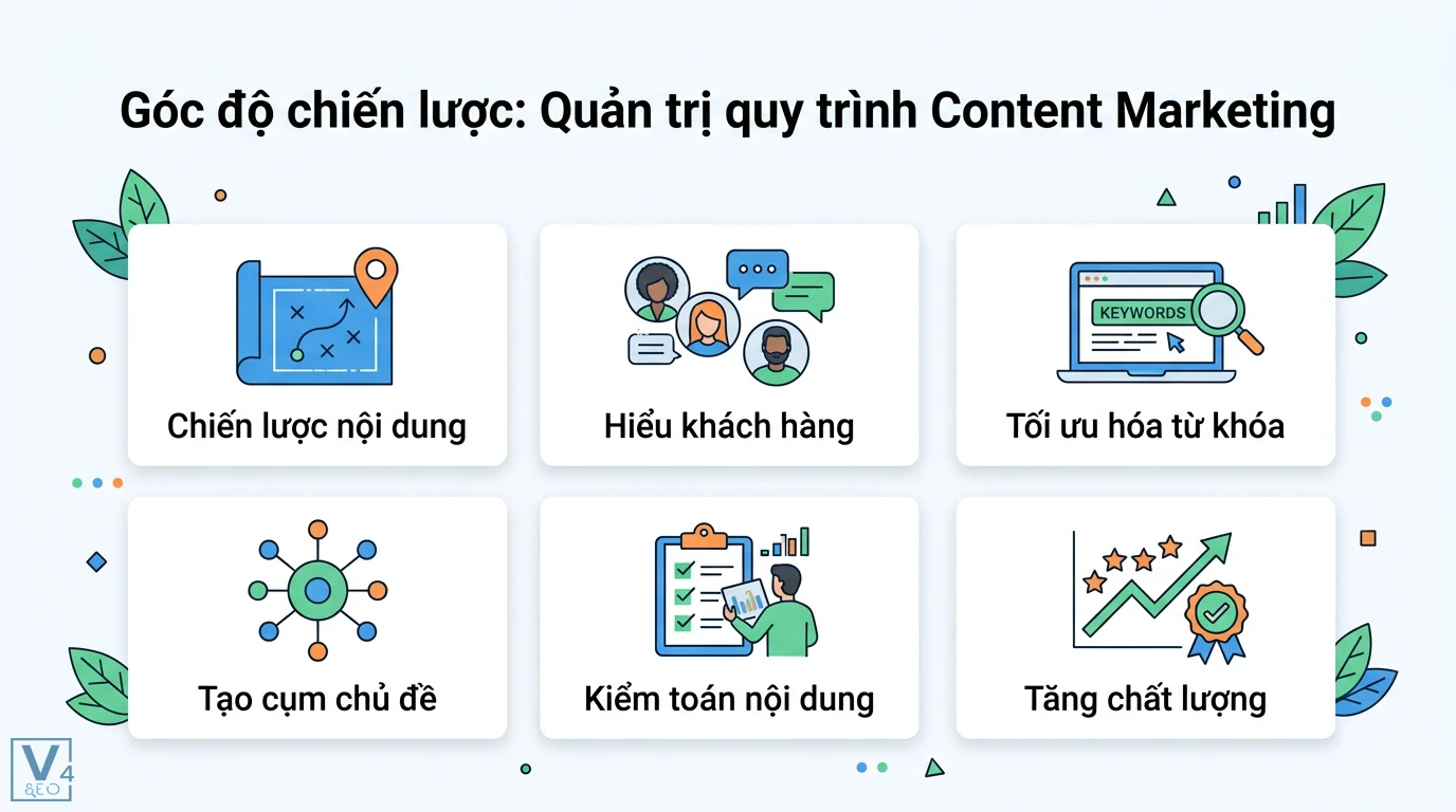 Quản trị content là gì? Hiểu rõ về CMS, vai trò và chiến lược 2 Quản trị quy trình Content Marketing chiến lược gồm thấu hiểu khách hàng, tối ưu hóa từ khóa, tạo cụm chủ đề, kiểm toán và tăng chất lượng