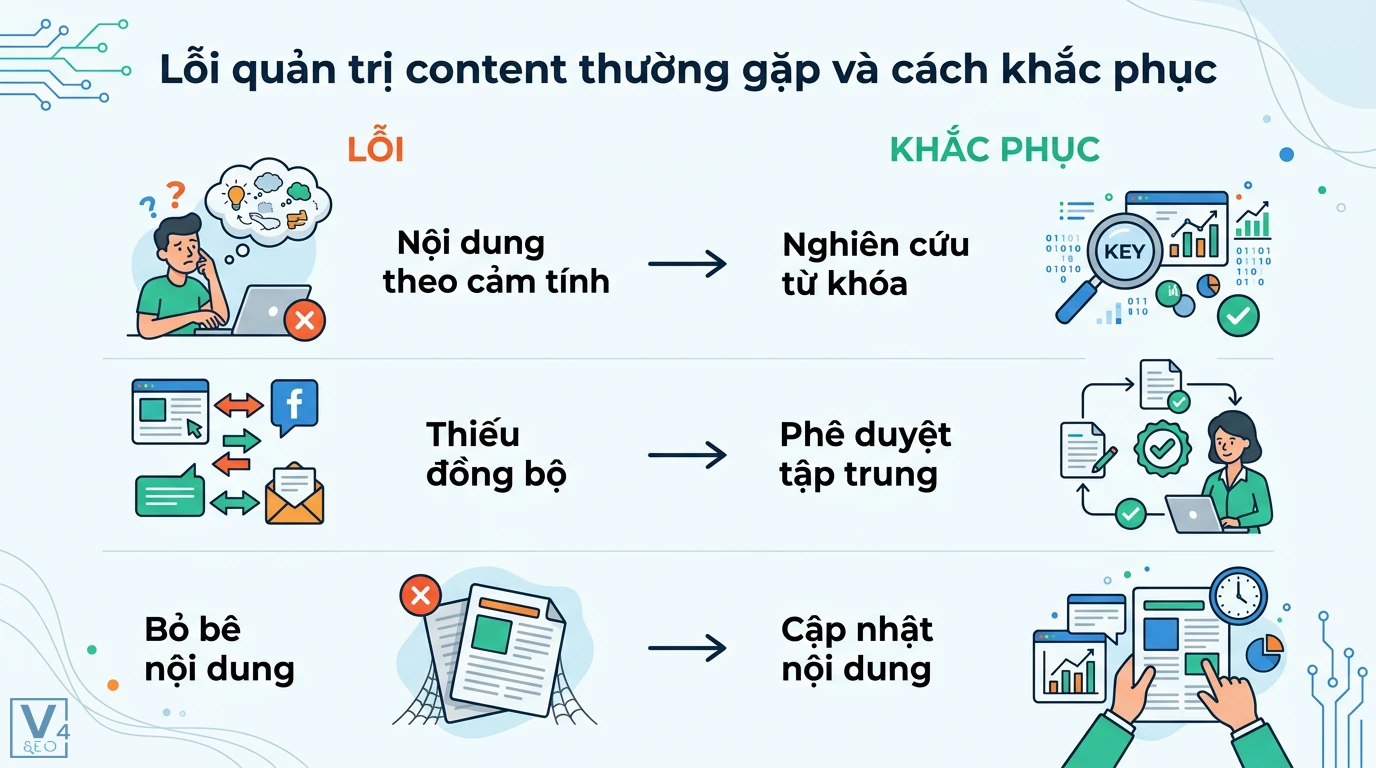 Quản trị content là gì? Hiểu rõ về CMS, vai trò và chiến lược 3 Lỗi quản trị content thường gặp và giải pháp khắc phục qua nghiên cứu từ khóa, phê duyệt tập trung cùng quy trình cập nhật nội dung định kỳ