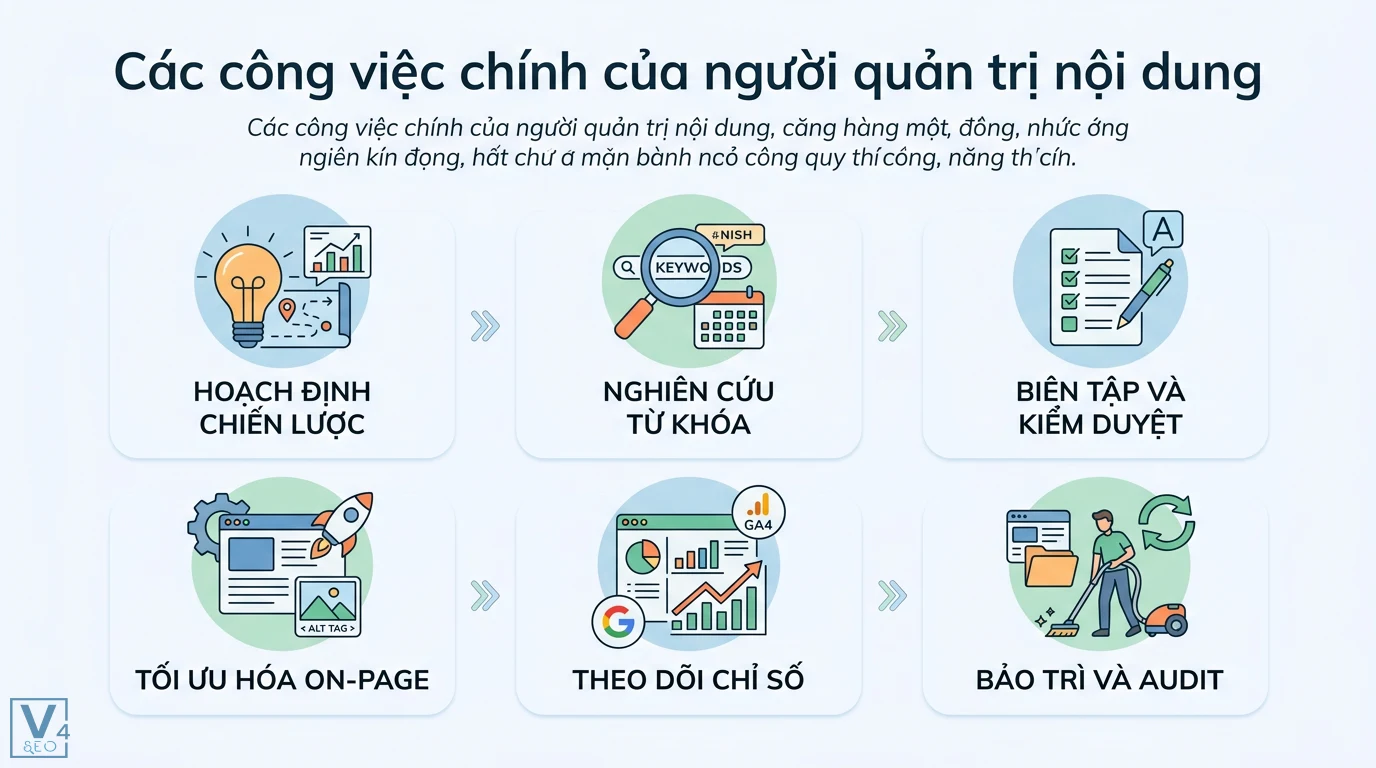 Quản trị nội dung là gì? Quy trình tối ưu SEO và UX hiệu quả 2 Các công việc quản trị nội dung gồm hoạch định chiến lược, nghiên cứu từ khóa, biên tập, tối ưu on-page, theo dõi GA4, bảo trì và audit