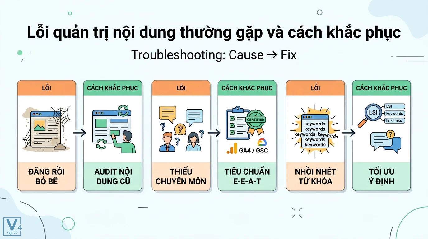 Quản trị nội dung là gì? Quy trình tối ưu SEO và UX hiệu quả 3 Khắc phục lỗi quản trị nội dung qua việc audit bài cũ, thiết lập tiêu chuẩn E-E-A-T và tối ưu ý định tìm kiếm thay vì nhồi nhét từ khóa