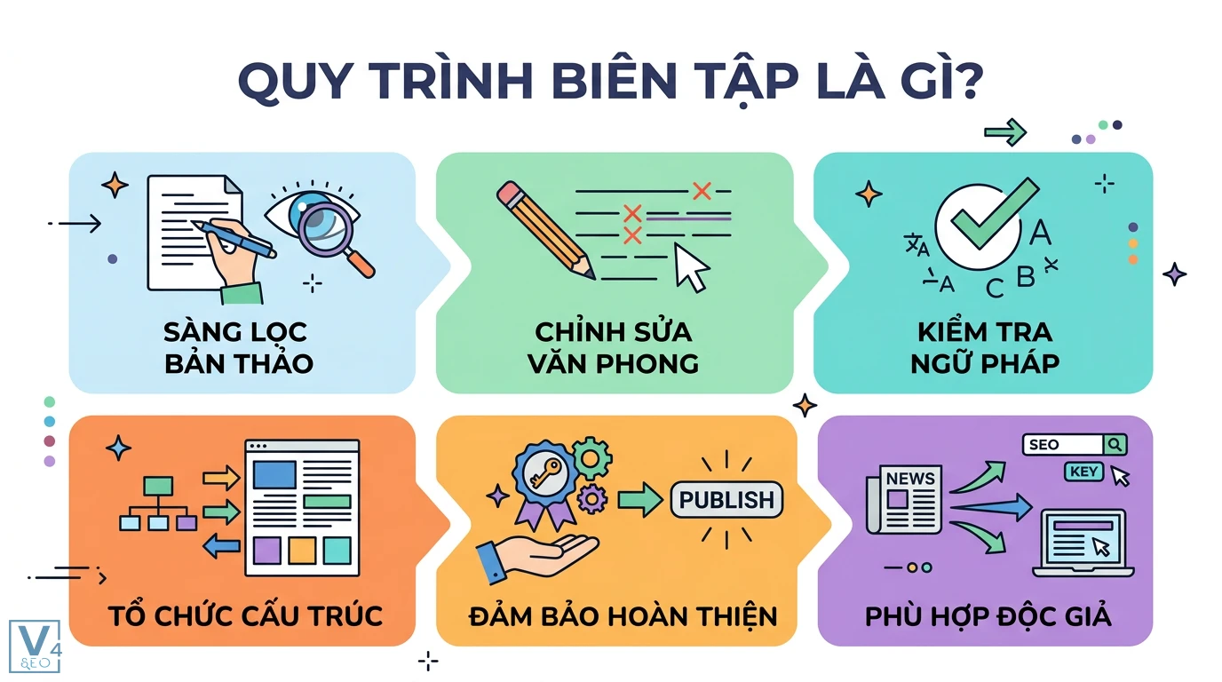 Quy trình biên tập là gì? 7 bước chuẩn từ bản thảo đến xuất bản 1 Quy trình biên tập gồm sàng lọc bản thảo, chỉnh sửa văn phong, kiểm tra ngữ pháp, tổ chức cấu trúc và hoàn thiện bài viết phù hợp độc giả
