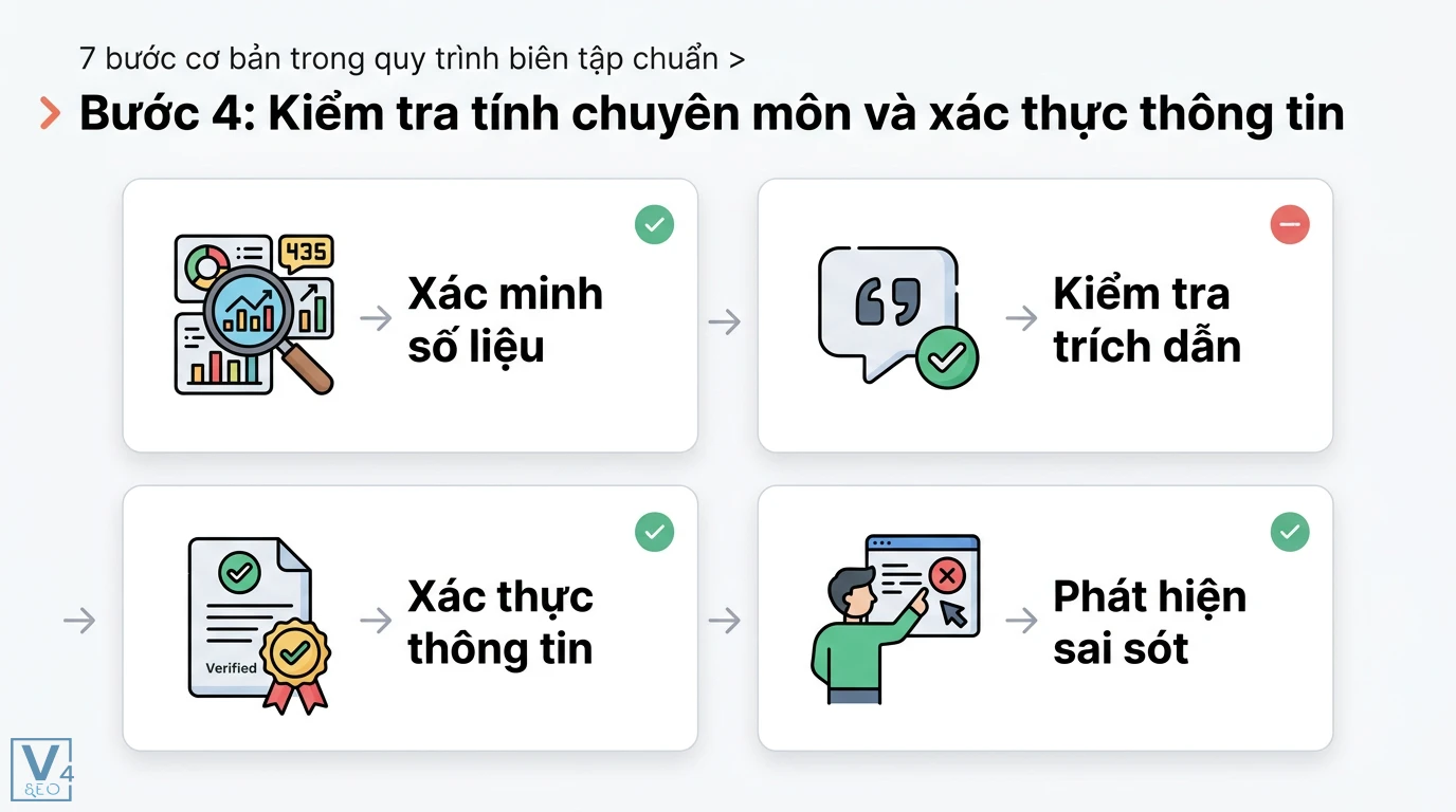 Quy trình biên tập là gì? 7 bước chuẩn từ bản thảo đến xuất bản 2 Kiểm tra tính chuyên môn gồm xác minh số liệu, trích dẫn, xác thực thông tin và phát hiện sai sót trong quy trình biên tập nội dung