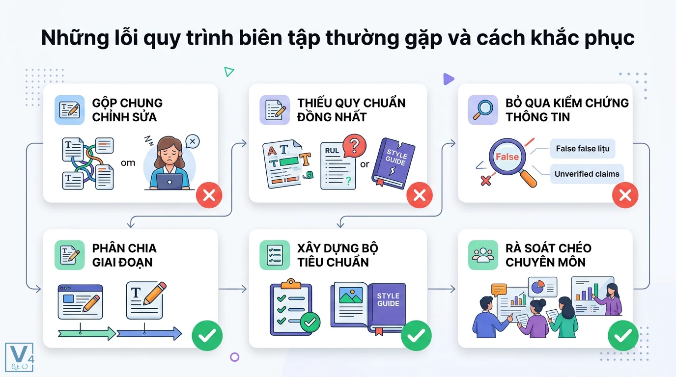 Quy trình biên tập là gì? 7 bước chuẩn từ bản thảo đến xuất bản 3 Lỗi quy trình biên tập như gộp chung chỉnh sửa, thiếu quy chuẩn và giải pháp phân chia giai đoạn, rà soát chéo thông tin chuyên môn