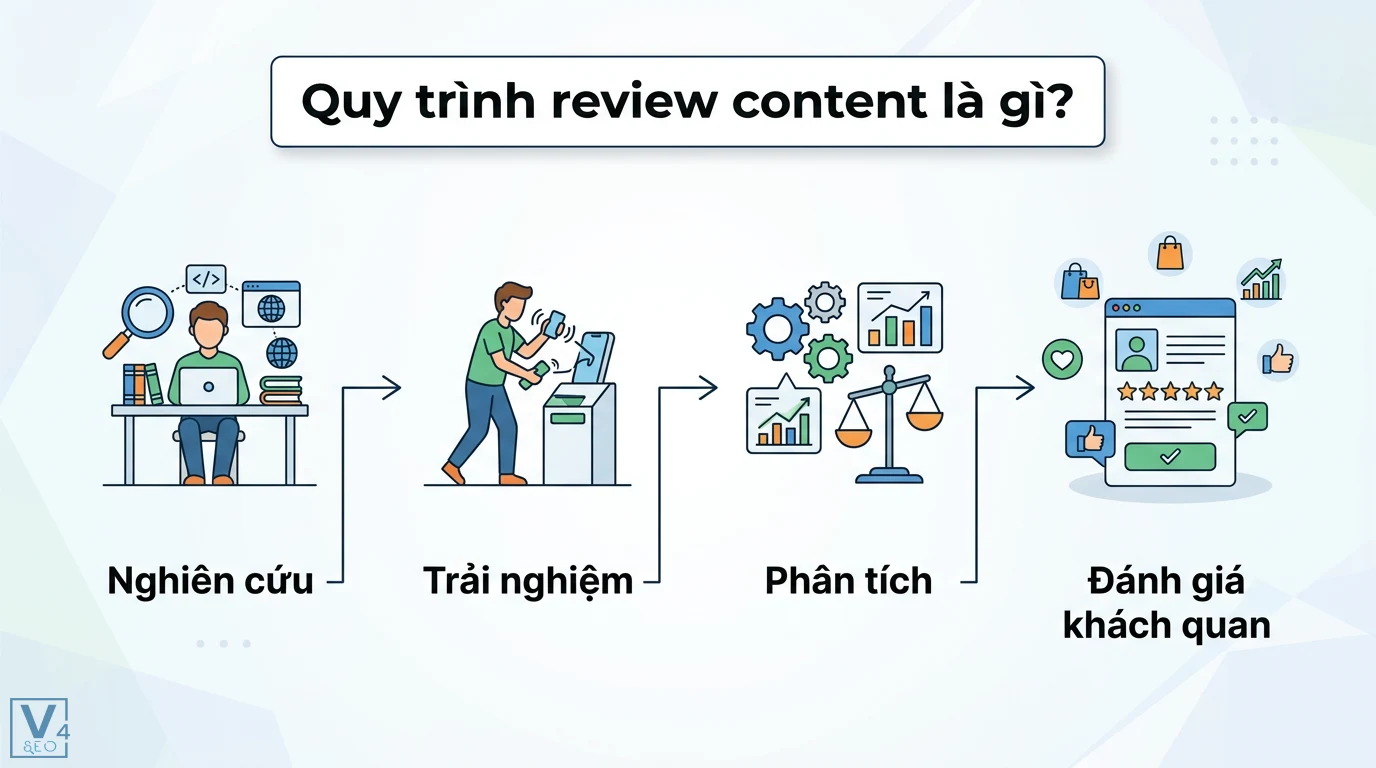 Quy trình review content là gì? 6 bước viết bài review chuẩn CRO 1 Quy trình review content bao gồm nghiên cứu, trải nghiệm thực tế, phân tích và đưa ra các đánh giá khách quan về sản phẩm hoặc dịch vụ