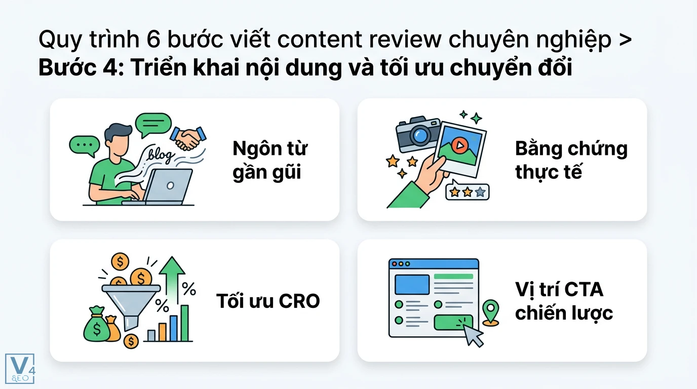 Quy trình review content là gì? 6 bước viết bài review chuẩn CRO 2 Triển khai nội dung review chuyên nghiệp qua ngôn từ gần gũi, bằng chứng thực tế, tối ưu tỷ lệ chuyển đổi CRO và vị trí CTA chiến lược